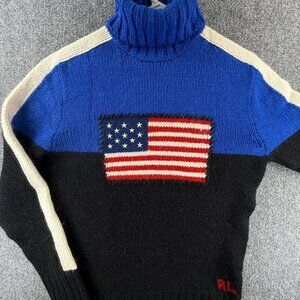 Polo Ralph Lauren Flag Sweater Turtleneck USA Made RL Logo Alpaca Wool Blend S
